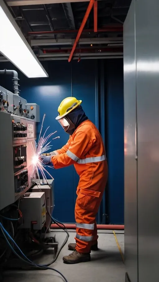 Prompt: A worker working in an electrical power plant wearing a navy colour arc flash safety suit. There is a small flash in the background.
