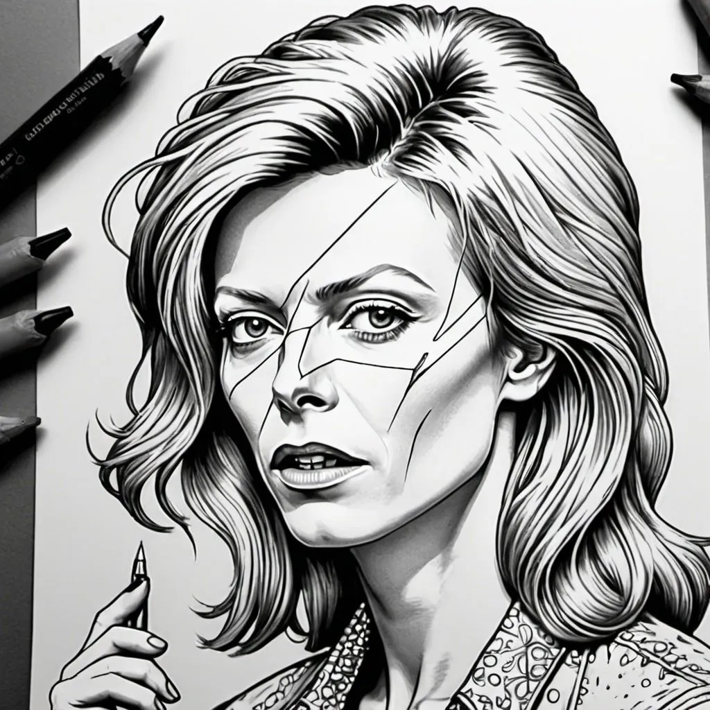 Prompt: una iilustración para colorear de una mujer hablando con david bowie
