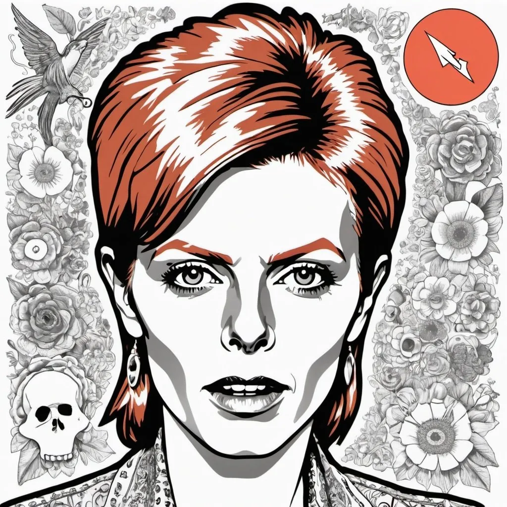 Prompt: una iilustración para colorear de una mujer hablando con devid bowie
