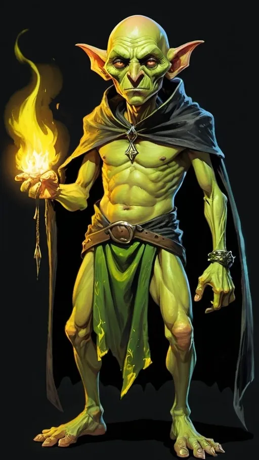Prompt: A yellow, full-grown goblin magician, with a bald head strongly elongated, eyes burning with green fire, black background, dressed in a dirty cape and loincloth. Style - painted art for dnd