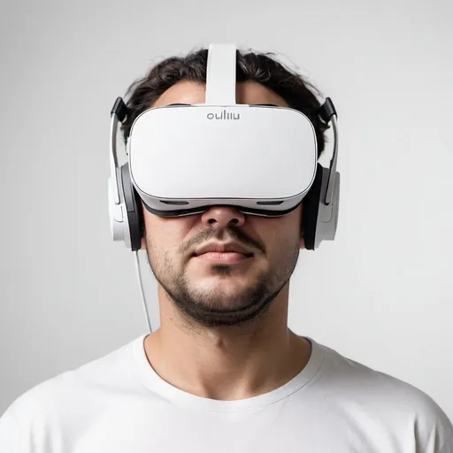 Prompt: man with white oculus 3 VR headset without headphones white background looking to me