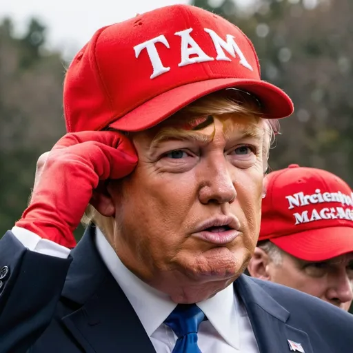 Prompt: president trump holding his ear, wearing his red maga hat
