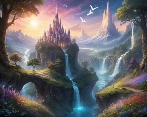 Prompt: In the realm of fantasy, a magical world unfolds before the viewer's eyes. Towering castles with spires reaching towards the heavens dot the landscape, surrounded by lush, enchanted forests teeming with mystical creatures. Glittering waterfalls cascade into crystalline pools, reflecting the iridescent glow of faerie wings fluttering nearby. Dragons soar through the skies, their majestic forms silhouetted against the backdrop of a setting sun, while unicorns roam freely through fields of shimmering wildflowers. Wizards and sorceresses weave spells with flicks of their wands, conjuring spells that ignite the night sky with bursts of color and light. In this realm of boundless imagination, anything is possible, and wonder and enchantment await around every corner.