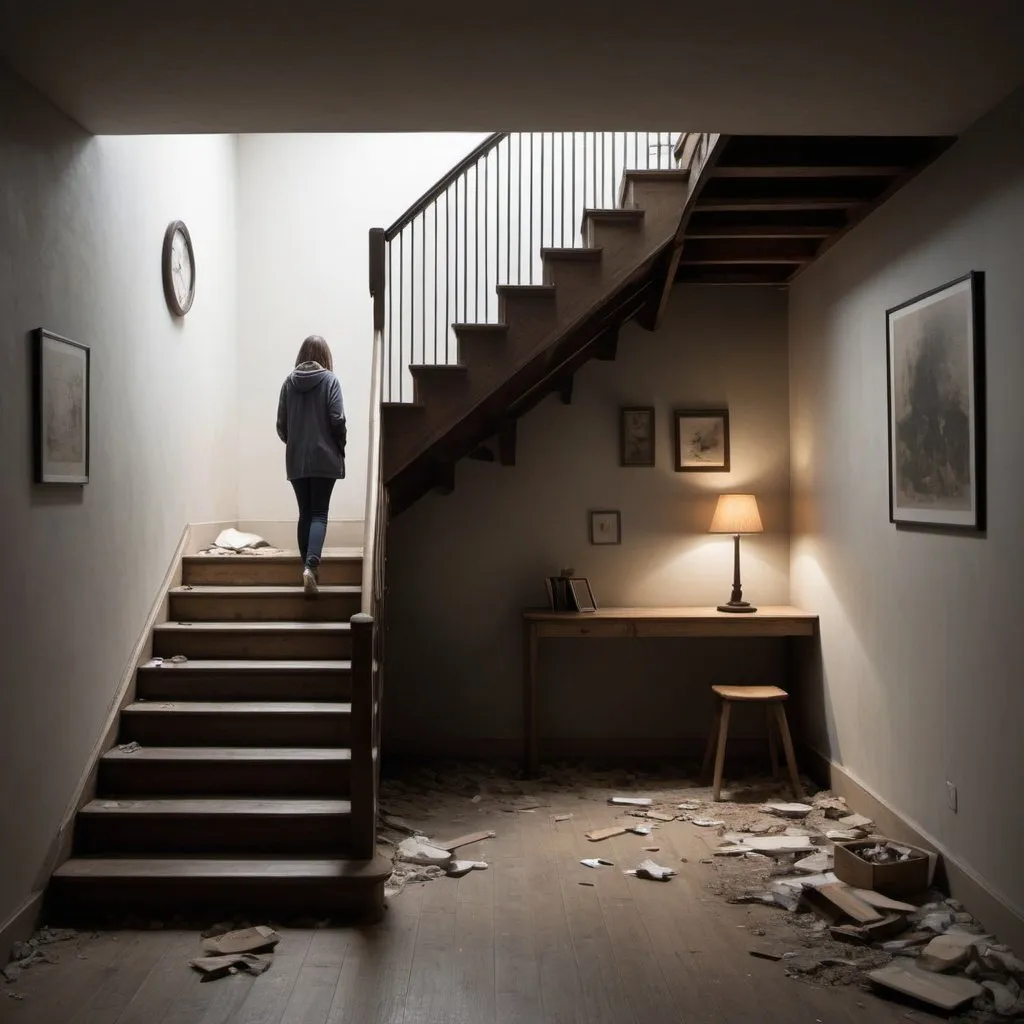 Prompt: Create an image depicting a stark, gloomy basement with unfinished walls and scattered clutter, symbolizing a space of bad habits. In the center, a staircase leads upwards to a warmly lit, inviting main floor, representing the positive change good habits bring. The floor at the base of the stairs, visually distinct and labeled 'Bad Habits,' acts as a barrier between the two spaces. A single figure stands at the bottom of the stairs, taking the first step up, embodying the decision to overcome bad habits. The basement is cast in shadow, emphasizing the feeling of being trapped by bad habits, while the main floor is bathed in soft, warm light, inviting and full of promise. The contrast between the two spaces should highlight the transformative journey from negative to positive habits, with the staircase serving as the path of change.