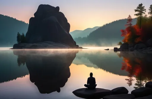 Prompt: An idyllic lakeside scene in the early morning, where the water is perfectly still. A person silhouette sits cross-legged on a large flat rock by the water, vivid colors 