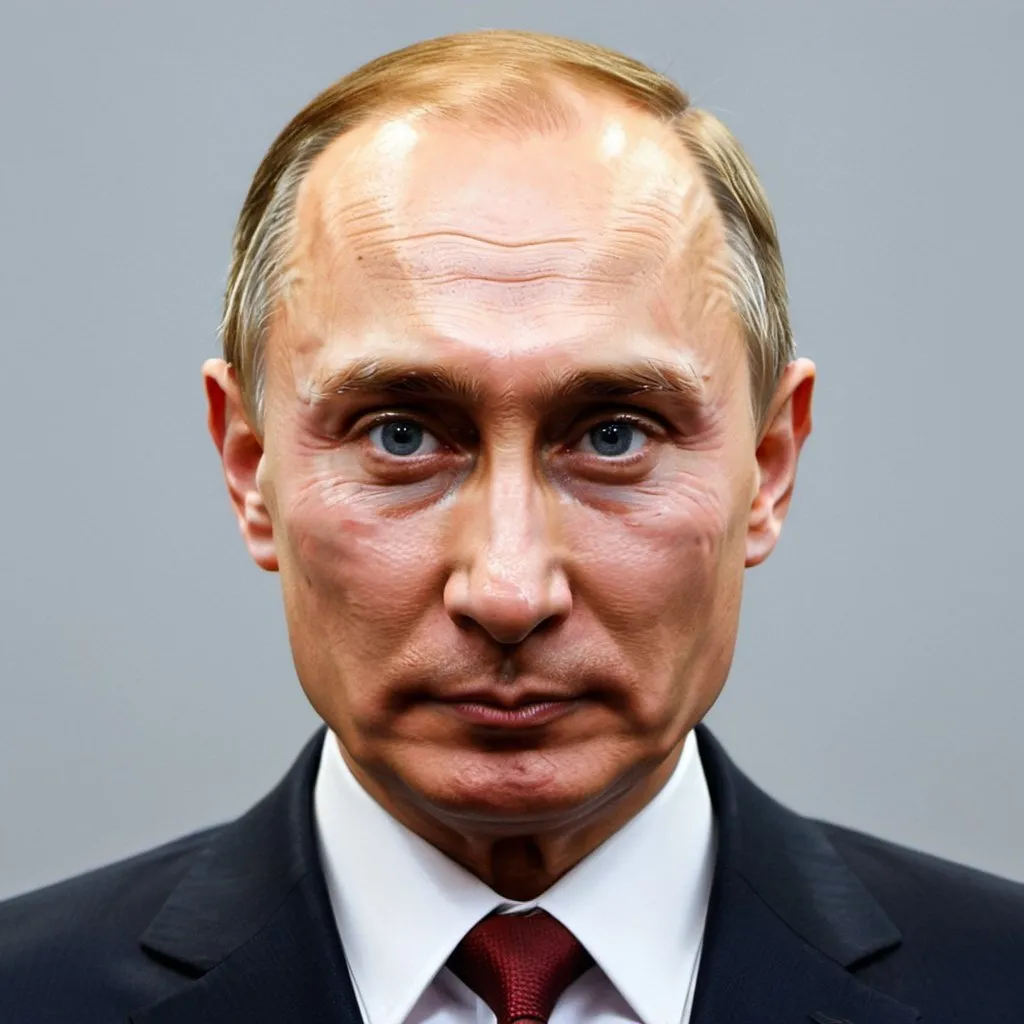 Prompt: Create an image of Vladimir Putin with the following features: a sharp jawline, pronounced cheekbones, slightly squinted eyes with a focused expression, and dark, somewhat thick eyebrows with a subtle arch. He should be wearing a black cap and a headset with an orange earpiece, and have dog tags hanging around his neck. The background should be a formal setting appropriate for a head of state, with Russian flags and a professional atmosphere.