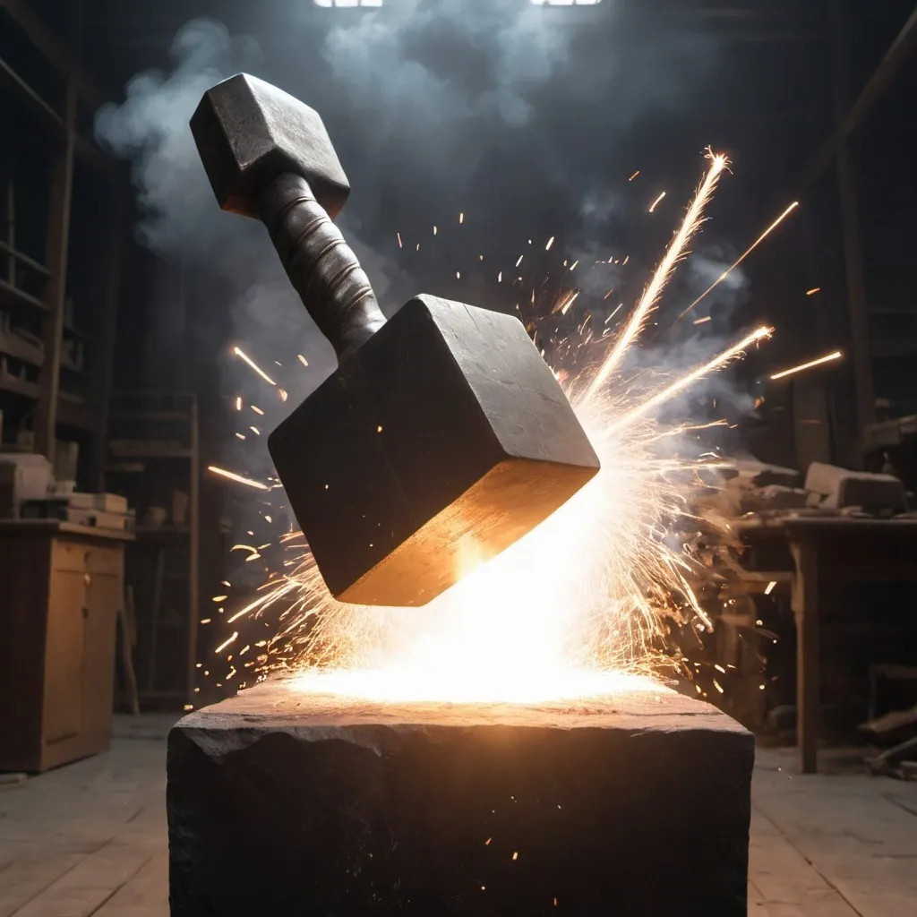 Prompt: A mjolnir is hitting an anvil and sparks are flying