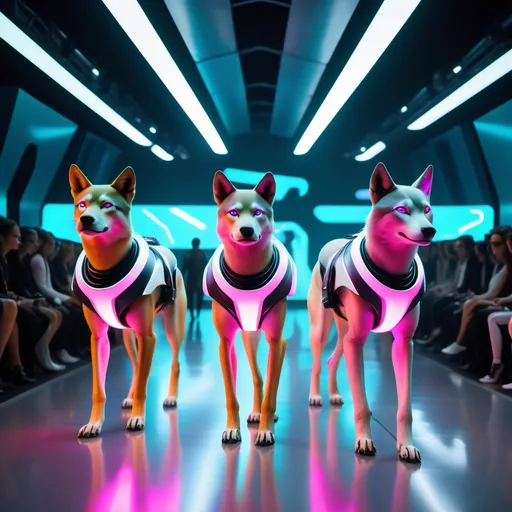 Prompt: humanoid dogs are walking down a futuristic runway, dressed in sleek, high-tech fashion outfits with glowing neon accents and metallic fabrics. The scene takes place in a modern, cutting-edge venue, with holographic lights and futuristic architecture in the background. The animals have a variety of forms—some resembling cats, wolves, and other creatures—each sporting bold and innovative designs. The atmosphere is vibrant, with a stylish crowd watching, while laser beams and digital screens create a cyberpunk, avant-garde ambiance. The fashion pieces are detailed with unique patterns, vibrant colors, and technologically advanced materials