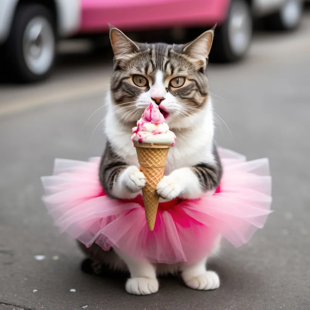 Prompt: cat, eating ice cream and in a tutu
