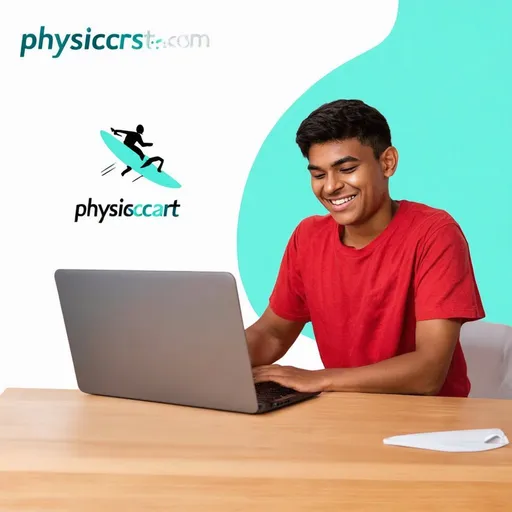 Prompt: A student studying with laptop happily.  A caption containg name 'physicscart.com' , a minimalist logo design, pastel colors and a retro aesthetic, a surfer surfing
