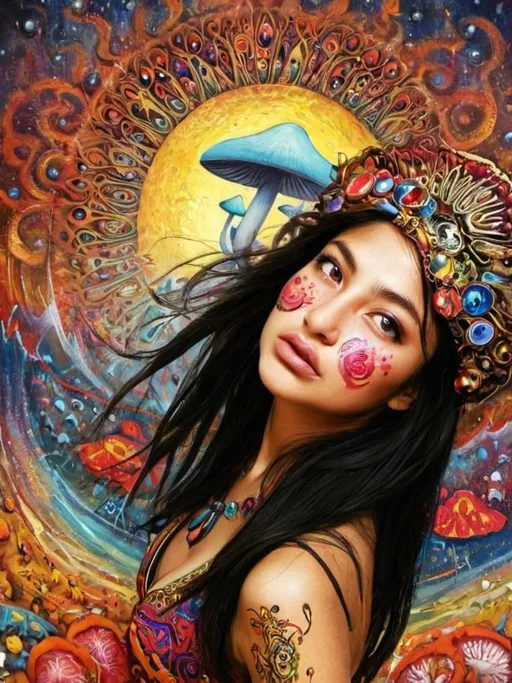 Prompt: Powerful couple against a backdrop of psychedelic, vibrant, and exotic colors. The woman, with flowing black hair that contrasts beautifully with the vivid hues around her, has mesmerizing, glowing eyes that seem to pierce through the canvas. The scene is richly adorned with an array of mushrooms, each painted in vivid and fantastical colors, adding to the otherworldly atmosphere of the artwork. The overall composition is a feast for the eyes, with each element harmoniously blending into a stunning visual symphony.

In the foreground, the text “Thy Temple” is elegantly written, perfectly integrated into the design to add a mystical and reverent tone. The text is rendered in a logo style, seamlessly fitting into the artwork’s aesthetic, enhancing its overall appeal and thematic depth.

The piece exudes a sense of ethereal beauty and psychedelic wonder, making it a perfect centerpiece for any collection that celebrates the fusion of fantasy and vibrant, exotic artistry with a temple in the back drop and giant colorful mushrooms integrated in the photo