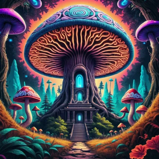 Prompt: (accurately spelled text "thy temple"), hallucinogenic logo, (vibrant colors), (psychedelic mushrooms) intertwined with the design, intricate patterns, surreal aesthetics, mind-bending effects, lush background integrating elements of nature, (trippy design), high-contrast colors, ultra-detailed, visionary artwork, eye-catching visuals, mesmerizing composition. with Thy temple text  trippy human design , trippy human body, enlightened human comunity