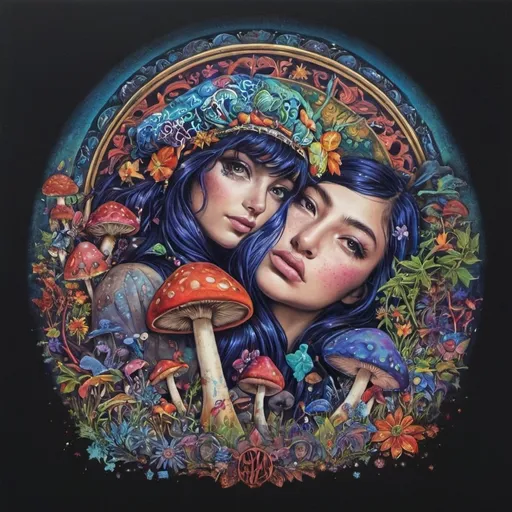 Prompt: Powerful couple against a backdrop of psychedelic, vibrant, and exotic colors. The woman, with flowing black hair that contrasts beautifully with the vivid hues around her, has mesmerizing, glowing eyes that seem to pierce through the canvas. The scene is richly adorned with an array of mushrooms, each painted in vivid and fantastical colors, adding to the otherworldly atmosphere of the artwork. The overall composition is a feast for the eyes, with each element harmoniously blending into a stunning visual symphony.

In the foreground, the text “Thy Temple” is elegantly written, perfectly integrated into the design to add a mystical and reverent tone. The text is rendered in a logo style, seamlessly fitting into the artwork’s aesthetic, enhancing its overall appeal and thematic depth.

The piece exudes a sense of ethereal beauty and psychedelic wonder, making it a perfect centerpiece for any collection that celebrates the fusion of fantasy and vibrant, exotic artistry with a temple in the back drop and giant colorful mushrooms integrated in the photo