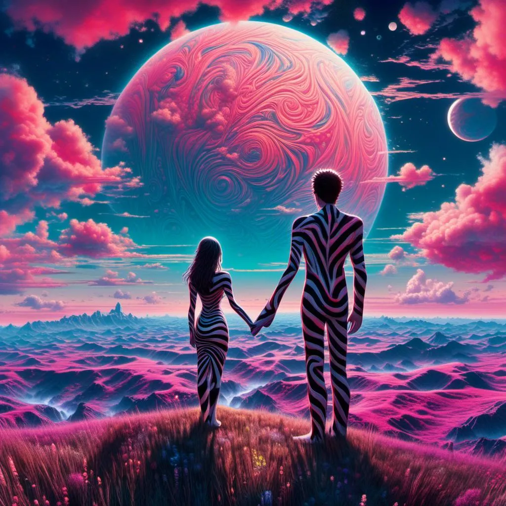 Prompt: <mymodel> Synthetic Landscapes
Under the towering presence of the giant moon, a power couple stands together, their silhouettes bathed in its radiant light. The moon's glow is so intense that it seems to blur the edges of reality, wrapping them in an otherworldly aura. The couple stands close, their hands gently intertwined, their bodies leaning subtly into one another, a quiet testament to their deep connection.

The moonlight touches their faces, highlighting their features with a soft, silvery sheen. Their eyes reflect the moon’s glow, filled with a quiet strength and mutual respect. As the light cascades around them, it seems to amplify their bond, making them appear almost ethereal—two souls in perfect harmony with each other and the universe.

The energy from the moon feels tangible, flowing through them, connecting their hearts and minds in a profound, unspoken understanding. Each pulse of light seems to strengthen their connection, surrounding them in a cocoon of love and unity. They stand together, unmoved by the world around them, wholly immersed in the moment, as the moon’s powerful energy continues to flow through them, binding their spirits as one. 

This scene captures not just a moment of affection, but the essence of a relationship that is both strong and tender, illuminated by the timeless energy of the moon.