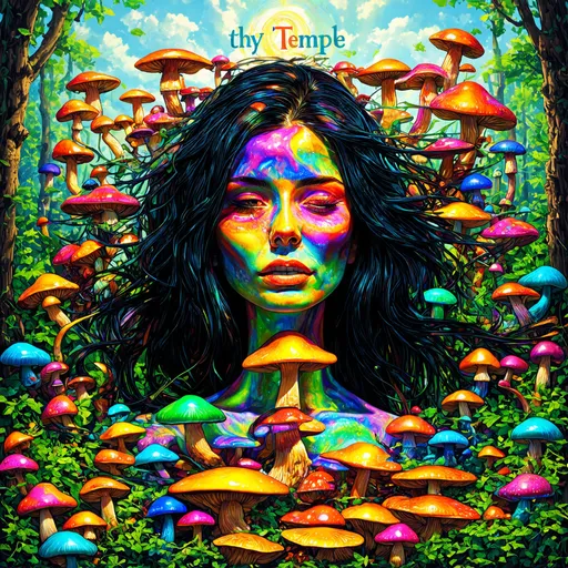 Prompt: (accurately spelled text "thy temple"), hallucinogenic logo, (vibrant colors), (psychedelic mushrooms) intertwined with the design, surreal aesthetics, mind-bending effects, lush background integrating elements of nature, (trippy design), high-contrast colors, ultra-detailed, visionary artwork, eye-catching visuals, mesmerizing composition , trippy human body, enlightened female beautiful face long black hair