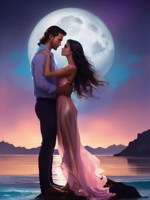 Prompt: Under the spellbinding glow of the giant moon, the Caucasian man with his sharp, stylish haircut stands closely with his partner, a beautiful Hispanic woman. His hair, a light brown, is perfectly groomed with a crisp side part that transitions into a smooth fade. The moonlight catches the subtle gradients of his hair, highlighting the sharpness of his look. His blue eyes, clear and bright, reflect the vivid colors radiating from the moon, adding an extra layer of depth and intensity to his expression.

Beside him, the Hispanic woman exudes a natural elegance, her long, black hair cascading in soft, wavy locks down her back. The moonlight plays across her hair, turning it into a cascade of shimmering darkness, with hints of deep blue and purple hues dancing across each wave. Her warm, golden-brown skin glows under the moon’s light, and her deep brown eyes, rich and expressive, capture the mystical energy surrounding them.

Together, they stand as a perfect balance of contrasts and unity. His fair complexion and structured hairstyle complement her warm tones and flowing waves. The moon’s magical light bathes them both in an ethereal glow, with colors shifting between soft pinks, purples, and blues, accentuating their connection. Her hair, wild and free, contrasts beautifully with his neat and defined style, yet they harmonize perfectly, reflecting the balance and depth of their relationship.

The energy of the moon surrounds them, weaving through her flowing hair and his structured fade, tying them together in a moment of profound connection. They stand close, their hands intertwined, their bodies leaning into one another as if the moon itself is drawing them together, binding their souls in a shared, unbreakable bond. The vivid, magical colors that fill the night sky enhance their love, making it feel timeless and truly extraordinary.