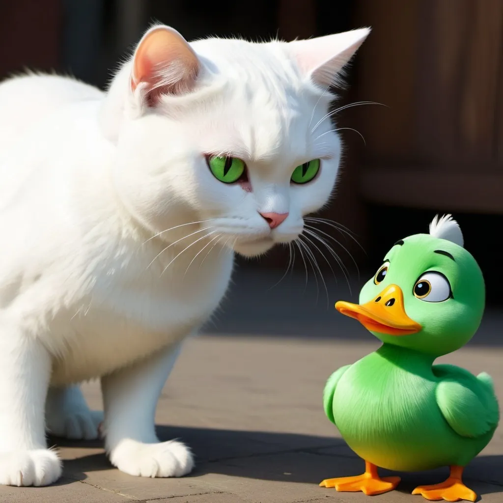 Prompt: [pixar style] a White Cat facing a Green duck, ready for a fight