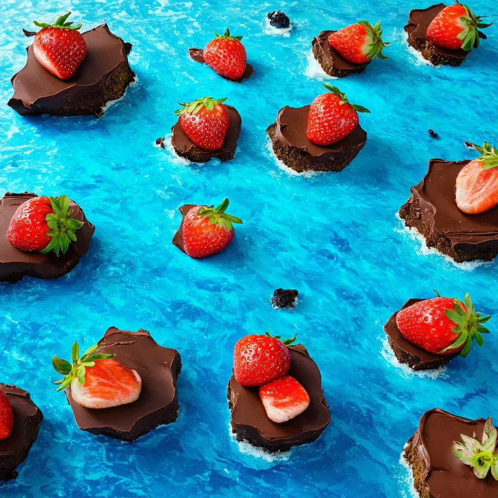 Prompt: A chocolate ocean with islands that made of strawberry