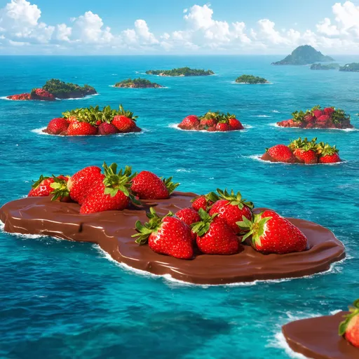 Prompt: A chocolate ocean with islands that made of strawberry