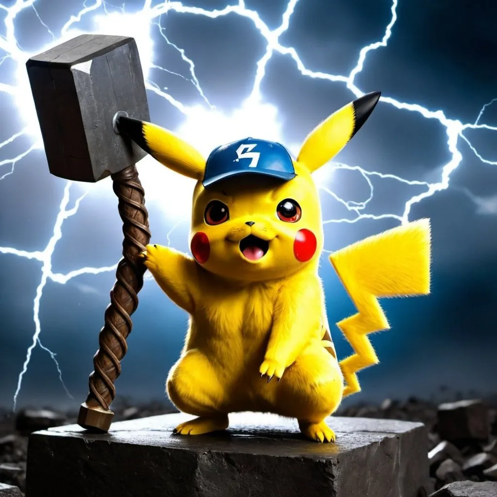 Prompt: Please create image sinario of Pikachu have thor hammer and they attack on Ash