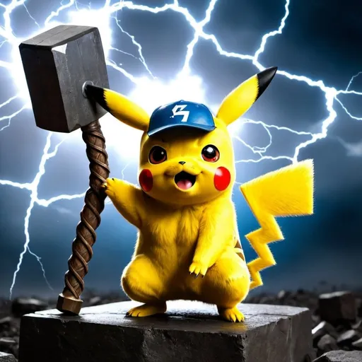 Prompt: Please create image sinario of Pikachu have thor hammer and they attack on Ash