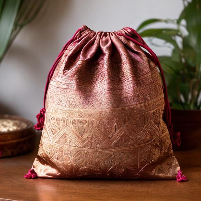 Prompt: a drawstring silk pouch, with intricate patterns on the fabric, on a table