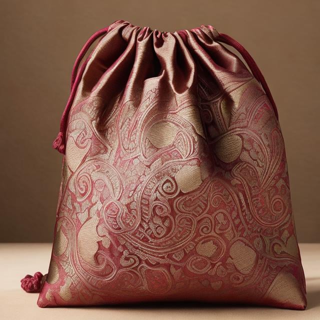 Prompt: a drawstring silk pouch, with intricate patterns on the fabric, on a table