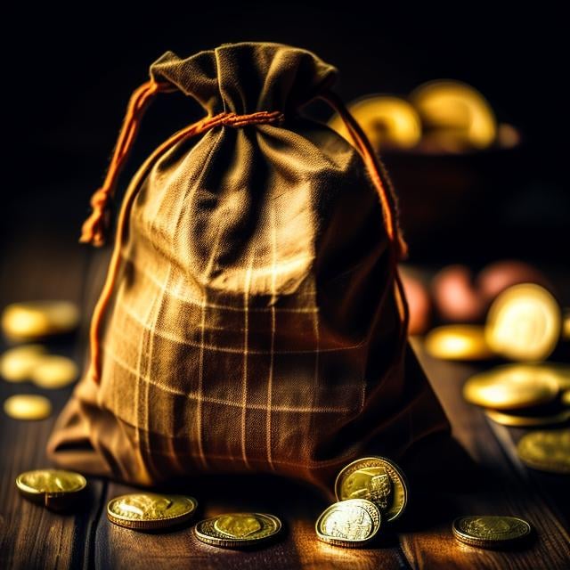 Prompt: cloth pouch, with an open drawstring, spilling gold coins, on a table, medieval setting