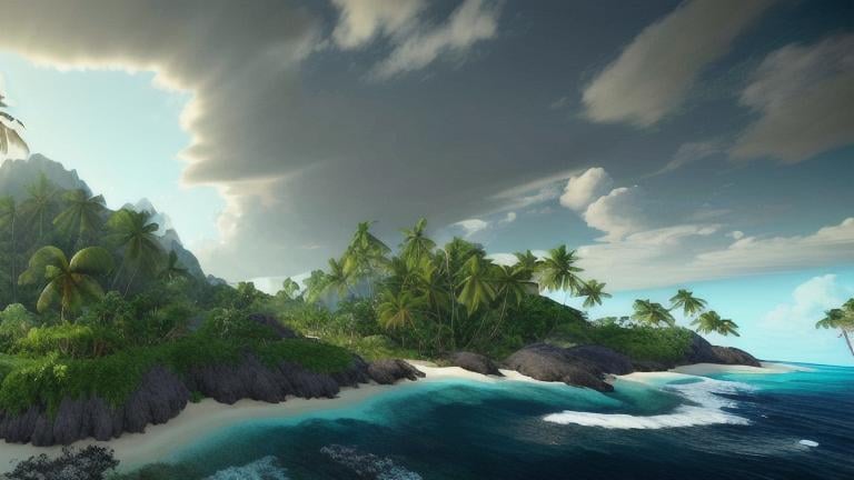 Prompt: untamed wilderness island, with lush green trees and shrubs, with a white sand beach, and blue waters with waves, daytime sun, highly detailed, realistic image, unreal engine style