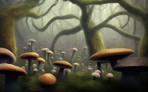 Prompt: surreal mushroom forest, highly detailed, disturbing