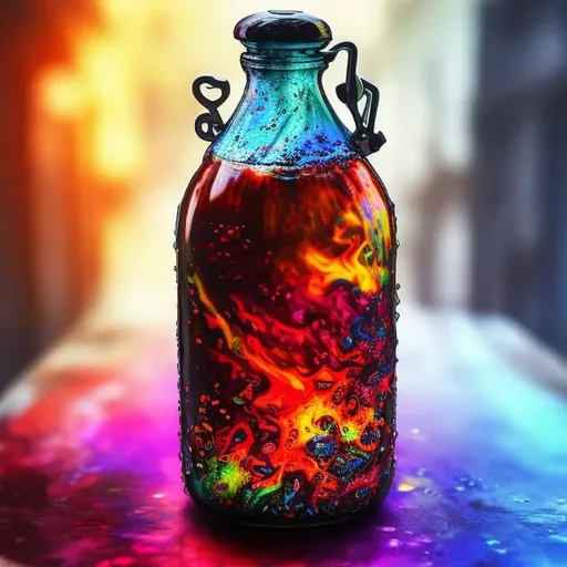 Prompt: a small glass bottle, filled with colorful liquid, on a table, fantasy medieval setting