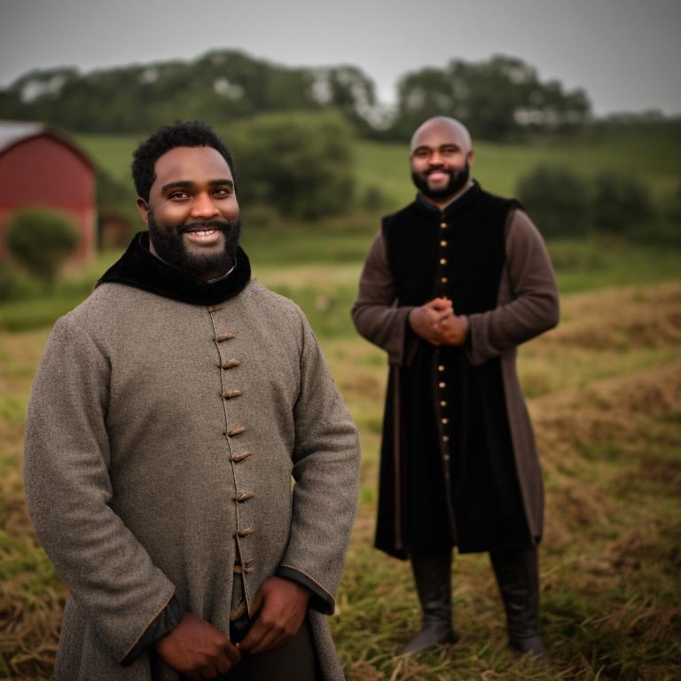 Prompt: black man farmer portrait, dressed in medieval clothes, at night, fuzzy background of a farm