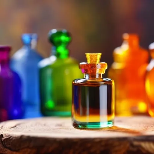 Prompt: a small glass vial, filled with colorful elixir, on a table