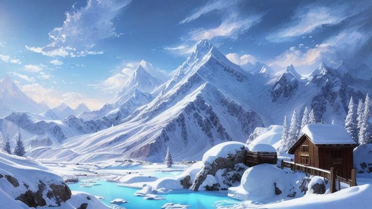 Prompt: snow mountain, snow landscape, mine entrance, fantasy painting, by Randy Vargas, soft lighting, daylight