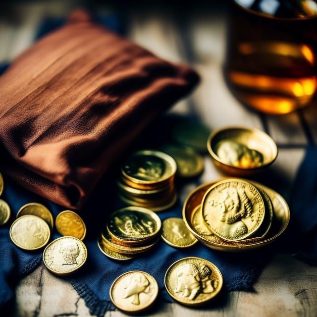 Prompt: cloth pouch, spilling gold coins, on a table, medieval setting