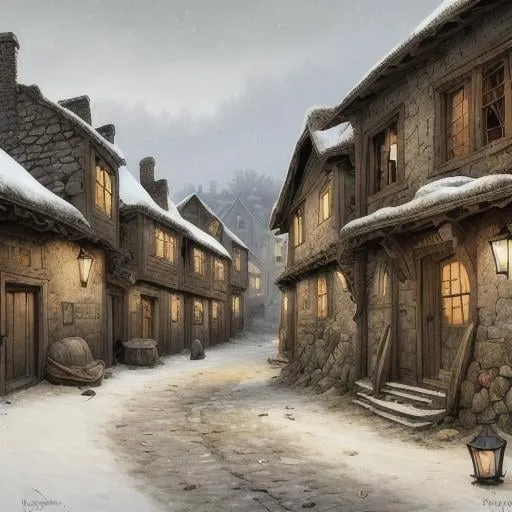 Prompt: artwork depicting the somber, squalid slums of a medieval town at night. The single-story, snow-covered buildings are tightly packed, made of old, decaying wood. Few candle lanterns dimly illuminate the otherwise dark, narrow street, casting eerie shadows. Among the buildings, there is the entrance to a rundown tavern. The artwork should evoke a sense of melancholy, emphasizing the poverty and harsh living conditions of the residents, and the unforgiving atmosphere of the surroundings.