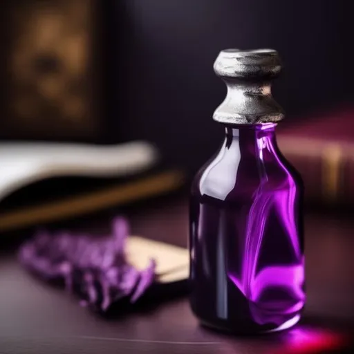 Prompt: a small glass bottle, filled with purple liquid, on a table, fantasy medieval setting