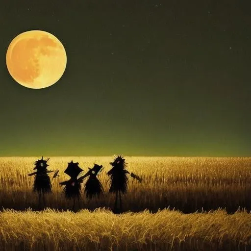 Prompt: scary cornfield at night, with scarecrows, full moon