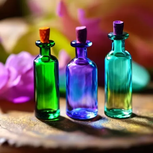 Prompt: small glass vial, with colorful elixir inside, on a table