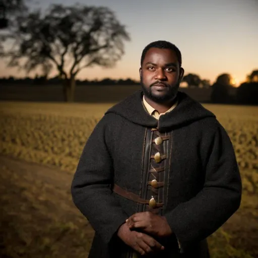 Prompt: black man farmer, portrait, dressed in medieval clothes, with a sad face, at night, fuzzy background of a farm