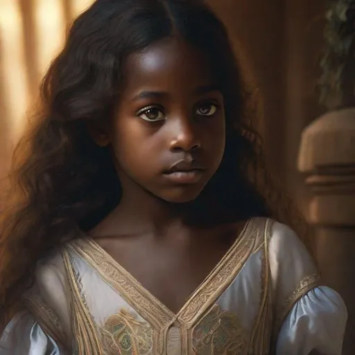 Prompt: Child, african, small nose, thin lips, long hair, big eyes, chemise dress., perfect composition, beautiful detailed intricate insanely detailed octane render trending on artstation, 8 k artistic photography, photorealistic concept art, soft natural volumetric cinematic perfect light, chiaroscuro, award - winning photograph, masterpiece, oil on canvas, raphael, caravaggio, greg rutkowski, beeple, beksinski, giger