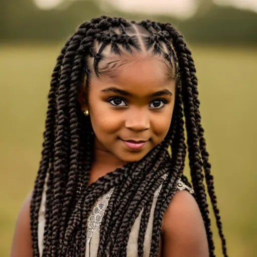 Prompt: young black girl, portrait, dressed in medieval clothes, with braided hair, at night, fuzzy background of a farm