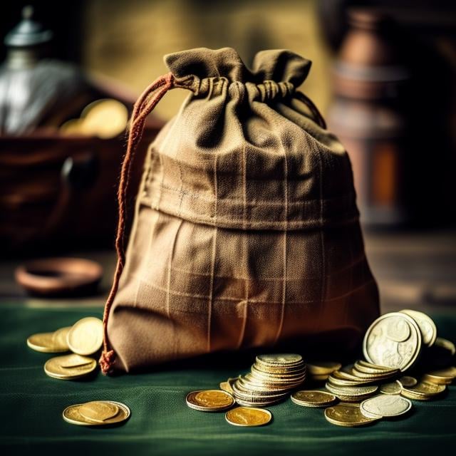 Prompt: cloth pouch, with an open drawstring, spilling gold coins, on a table, medieval setting