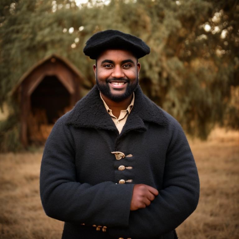 Prompt: black man farmer portrait, dressed in medieval clothes, at night, fuzzy background of a farm