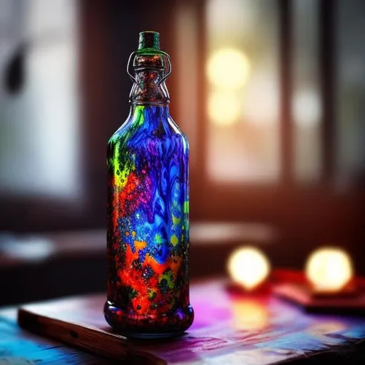 Prompt: a small glass bottle, filled with colorful liquid, on a table, fantasy medieval setting