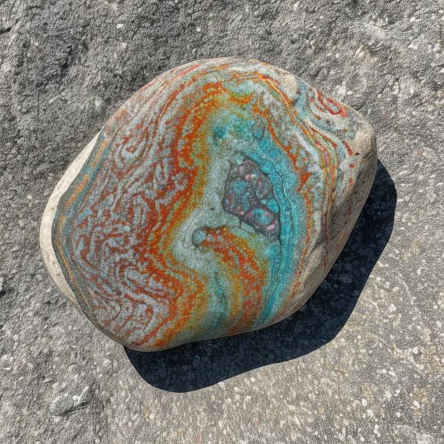 Prompt: a small stone, with a swirling pattern, multicolored rock, on a white background