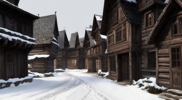 Prompt: old medieval wooden buildings, at night, with snow, no light, empty street, crowded buildings, run down, ramshackle, poor, broken, suspicious