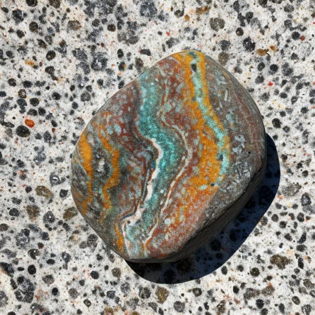 Prompt: a small stone, with a swirling pattern, multicolored rock, on a white background