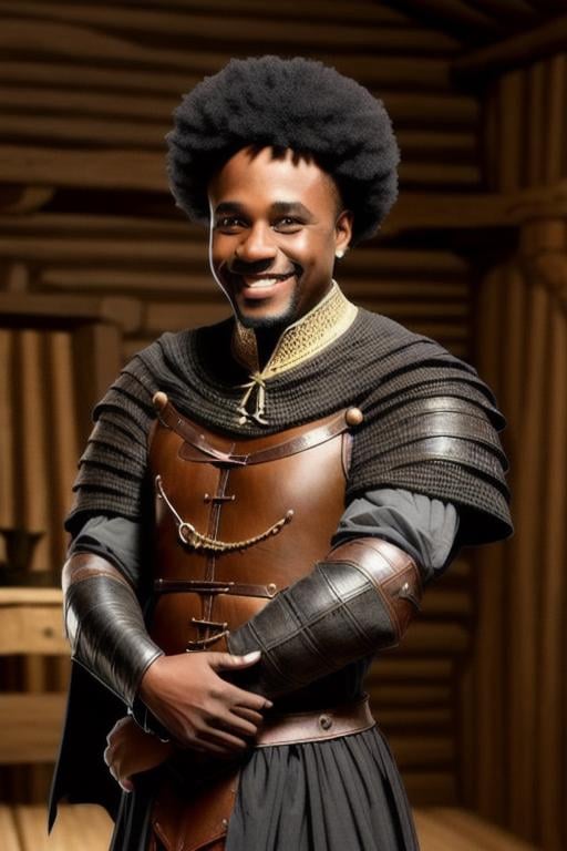 Prompt: smiling black man dressed in medieval clothing