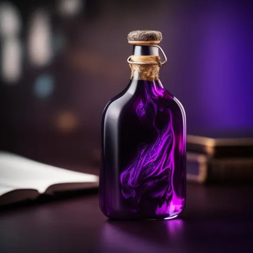 Prompt: a small glass bottle, filled with purple liquid, on a table, fantasy medieval setting